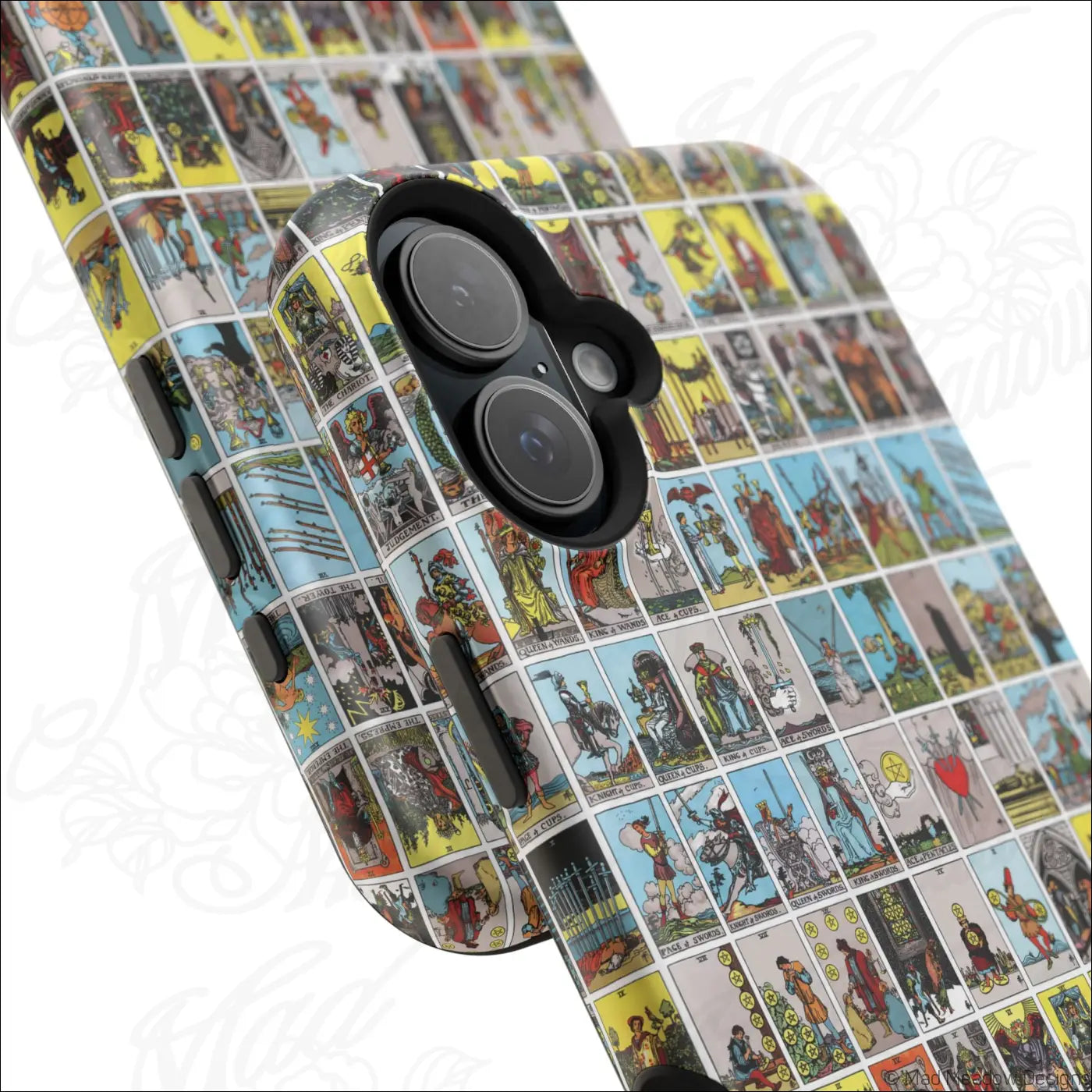 Vibrant phone case with vintage tarot card collage on a rigid polycarbonate shell for impact resistance