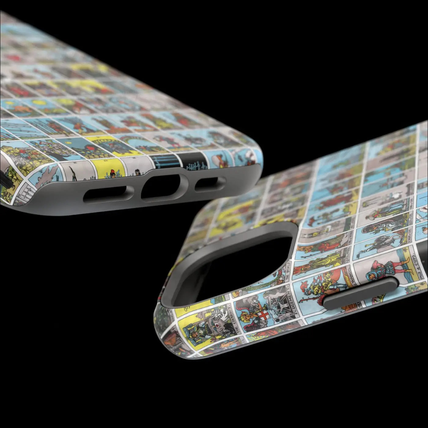 Vibrant phone case with vintage tarot card collage on rigid polycarbonate shell for impact-resistant protection back shown