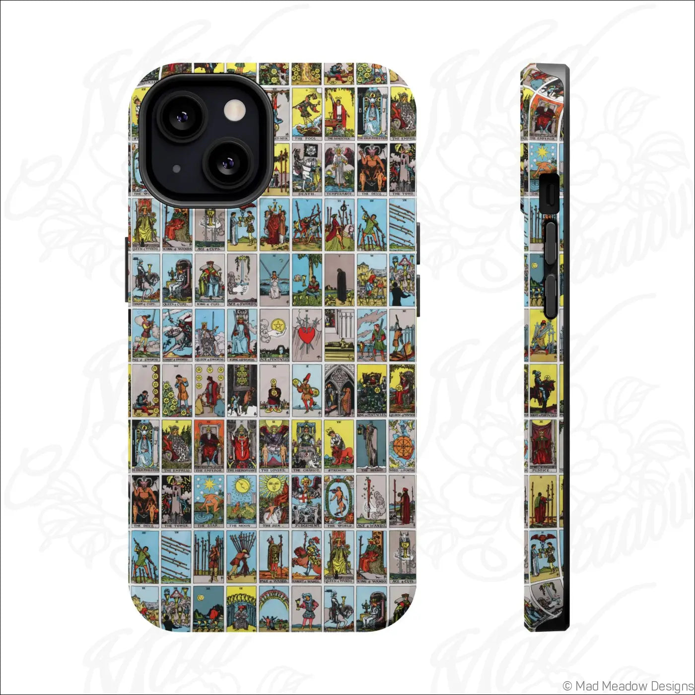 Phone case featuring a vibrant vintage tarot card collage print on a rigid polycarbonate shell back for impact resistance