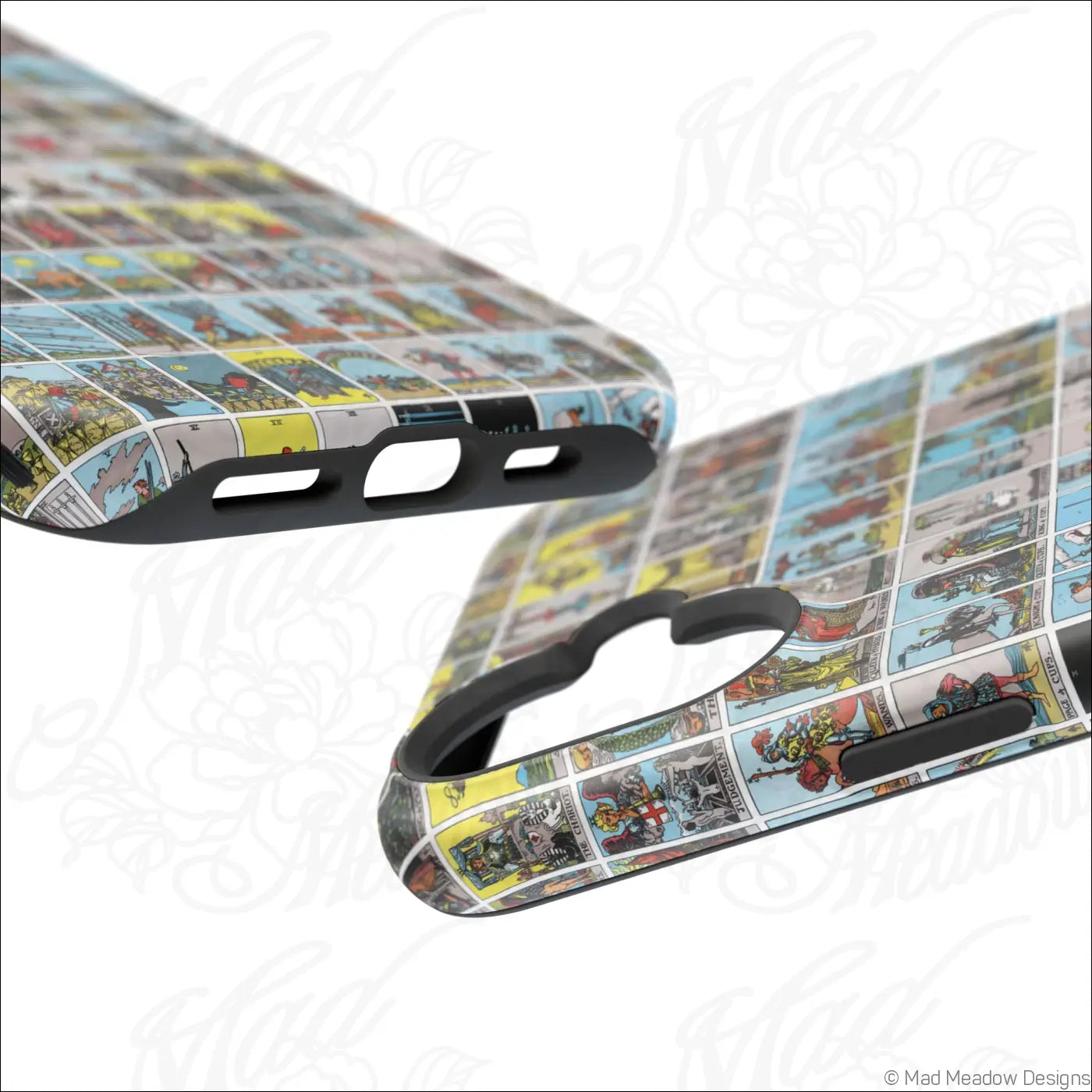 Back of a vibrant phone case with vintage tarot card collage printed on rigid polycarbonate shell in rich colors