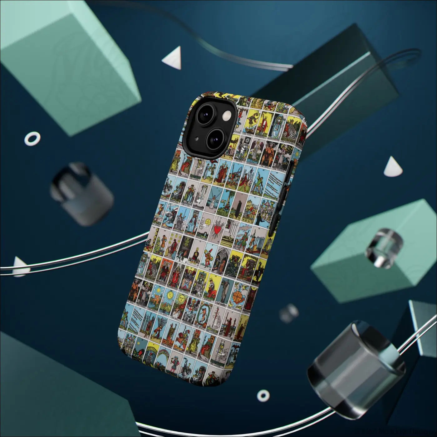 Vibrant phone case with a rigid polycarbonate shell featuring a vintage tarot card collage on the back side