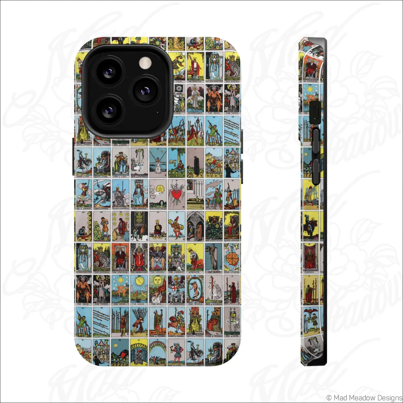 Back of a phone case with vibrant vintage tarot card collage print on a rigid polycarbonate shell impact-resistant design