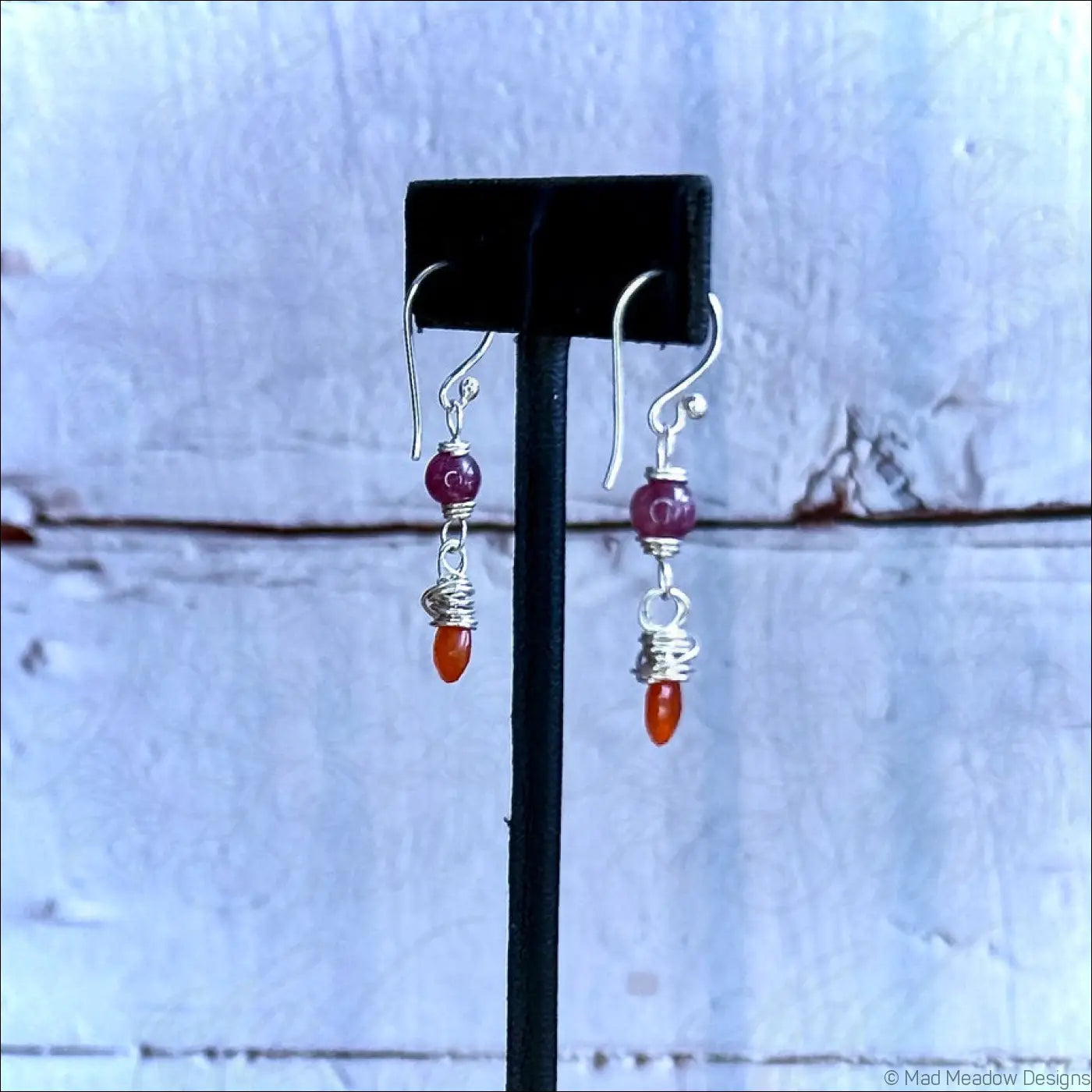 Pink Tourmaline and Carnelian Drop Sterling Silver Wire Wrapped Dangle Earrings - Jewelry
