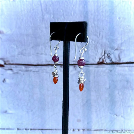 Pink Tourmaline and Carnelian Drop Sterling Silver Wire Wrapped Dangle Earrings - Jewelry