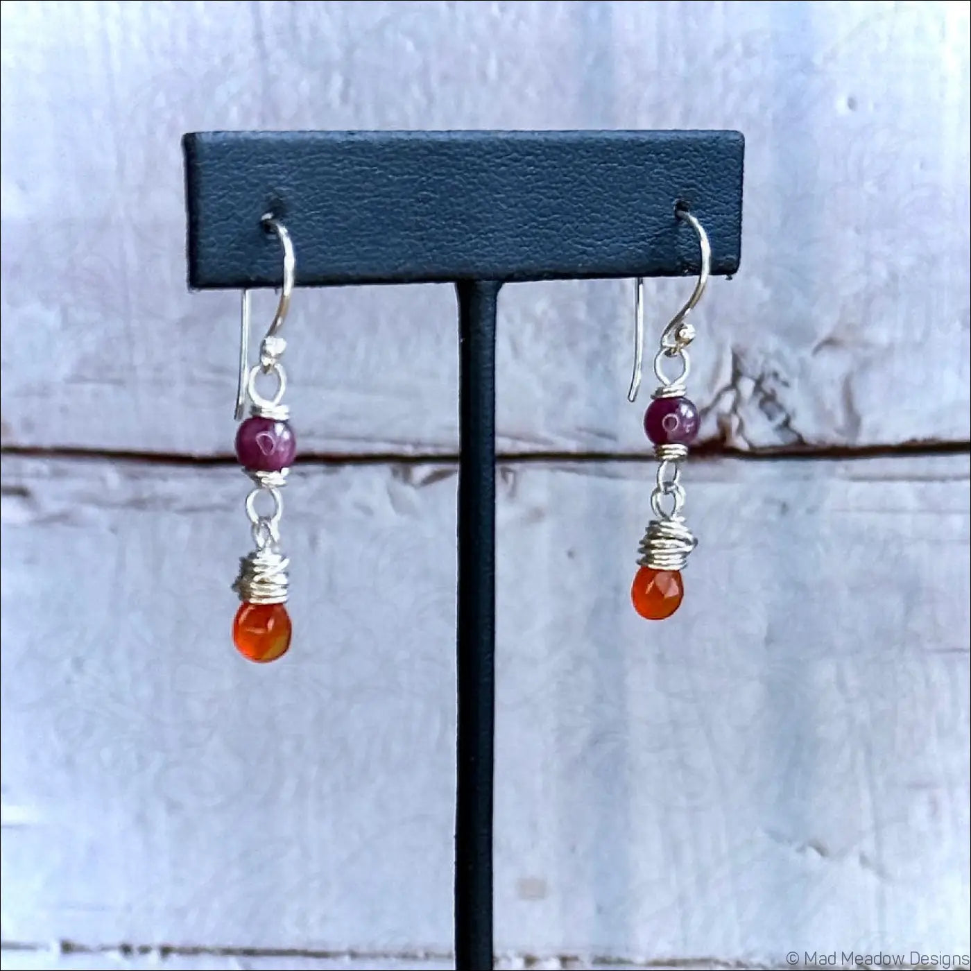 Pink Tourmaline and Carnelian Drop Sterling Silver Wire Wrapped Dangle Earrings - Jewelry