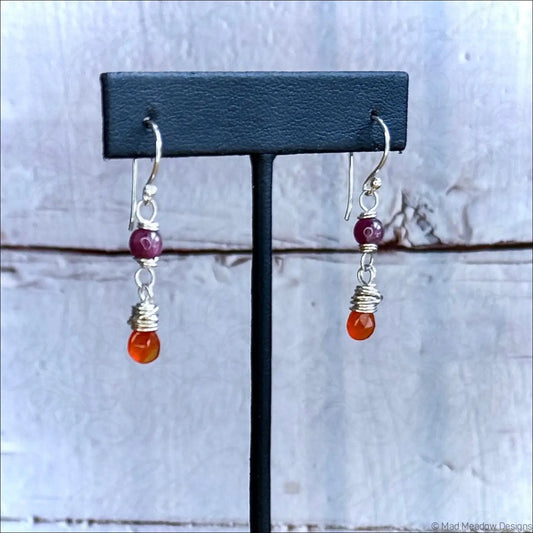 Pink Tourmaline and Carnelian Drop Sterling Silver Wire Wrapped Dangle Earrings - Jewelry