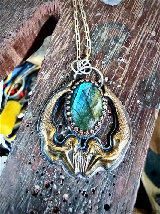 Playful Mermaids with Labradorite Necklace Sterling Brass and Copper Pendant - Necklace