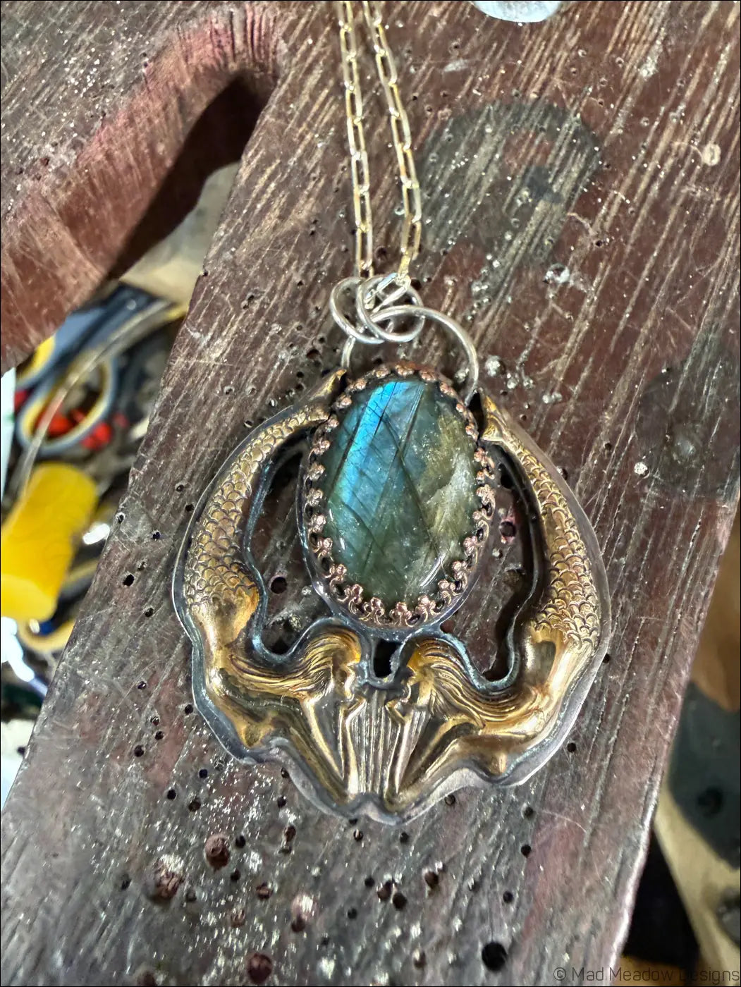 Playful Mermaids with Labradorite Necklace Sterling Brass and Copper Pendant - Necklace