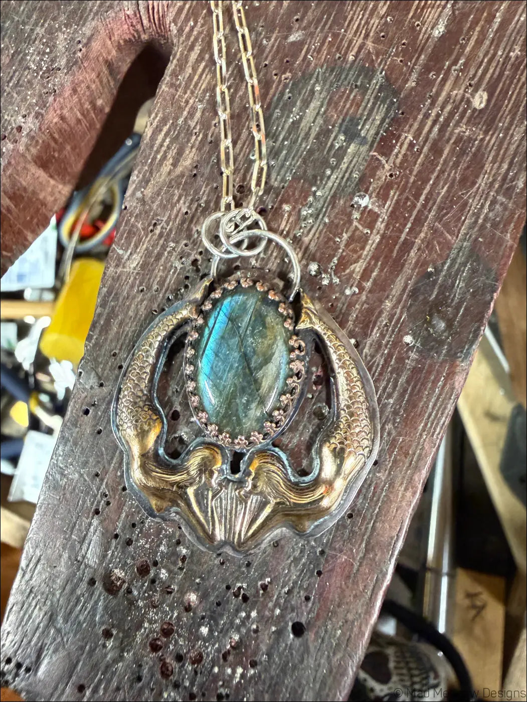 Playful Mermaids with Labradorite Necklace Sterling Brass and Copper Pendant - Necklace