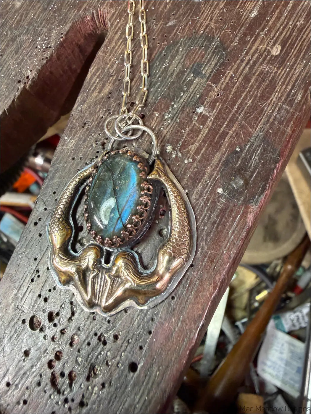 Playful Mermaids with Labradorite Necklace Sterling Brass and Copper Pendant - Necklace