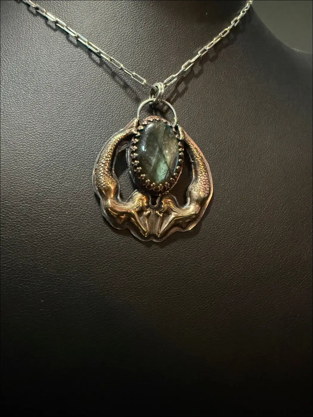 Playful Mermaids with Labradorite Necklace Sterling Brass and Copper Pendant - Necklace