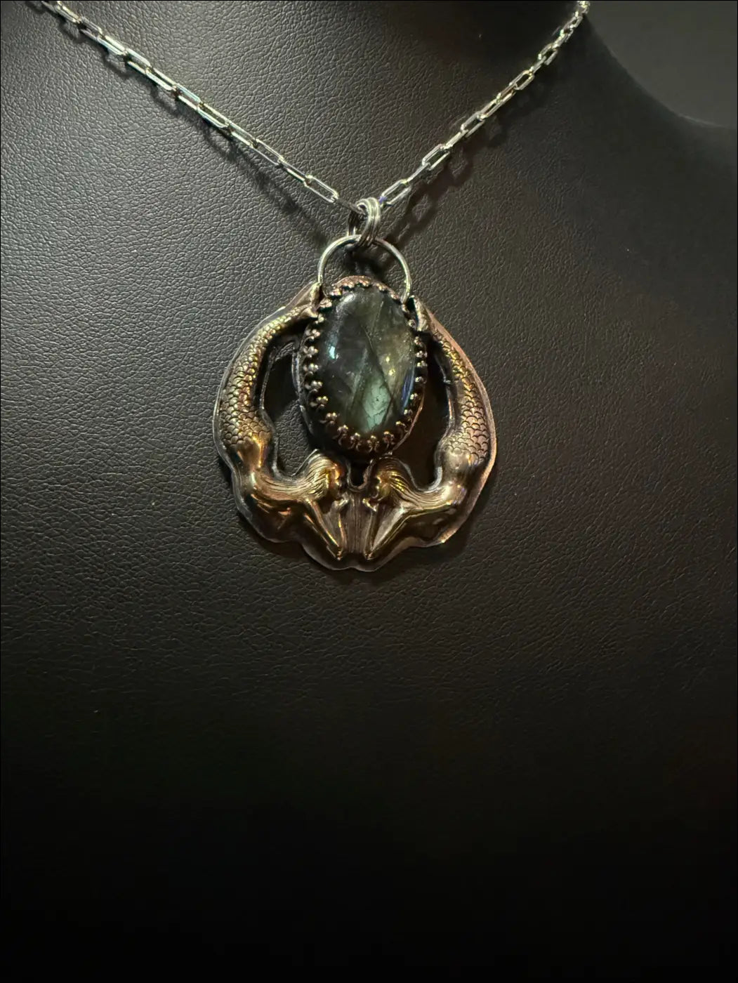 Playful Mermaids with Labradorite Necklace Sterling Brass and Copper Pendant - Necklace