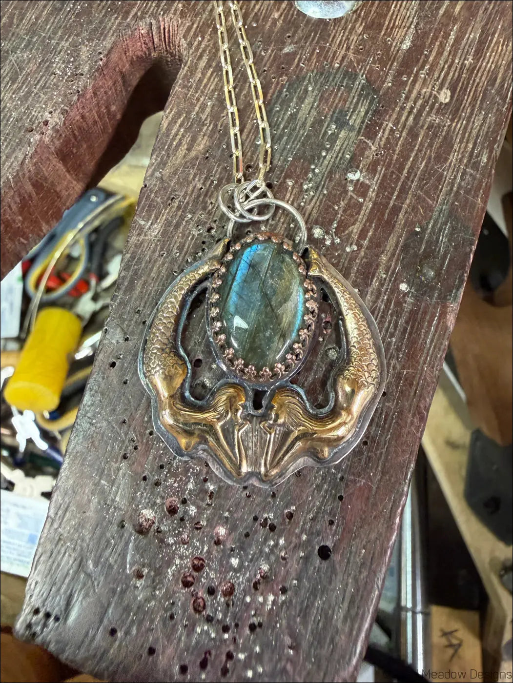 Playful Mermaids with Labradorite Necklace Sterling Brass and Copper Pendant - Necklace