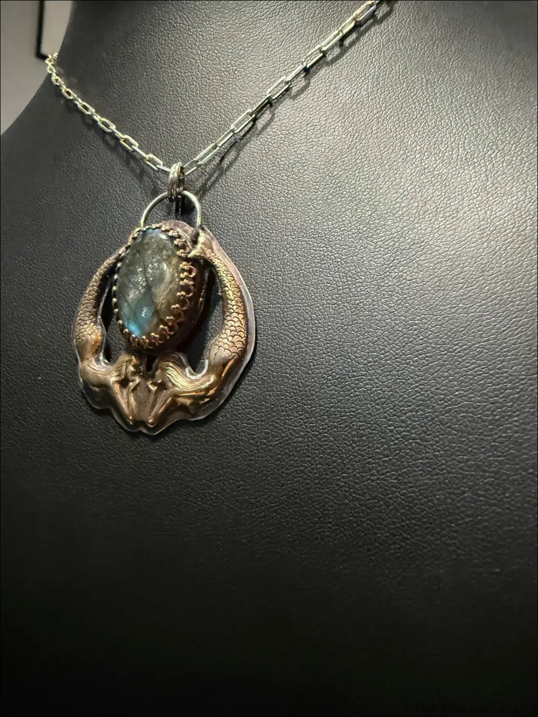 Playful Mermaids with Labradorite Necklace Sterling Brass and Copper Pendant - Necklace