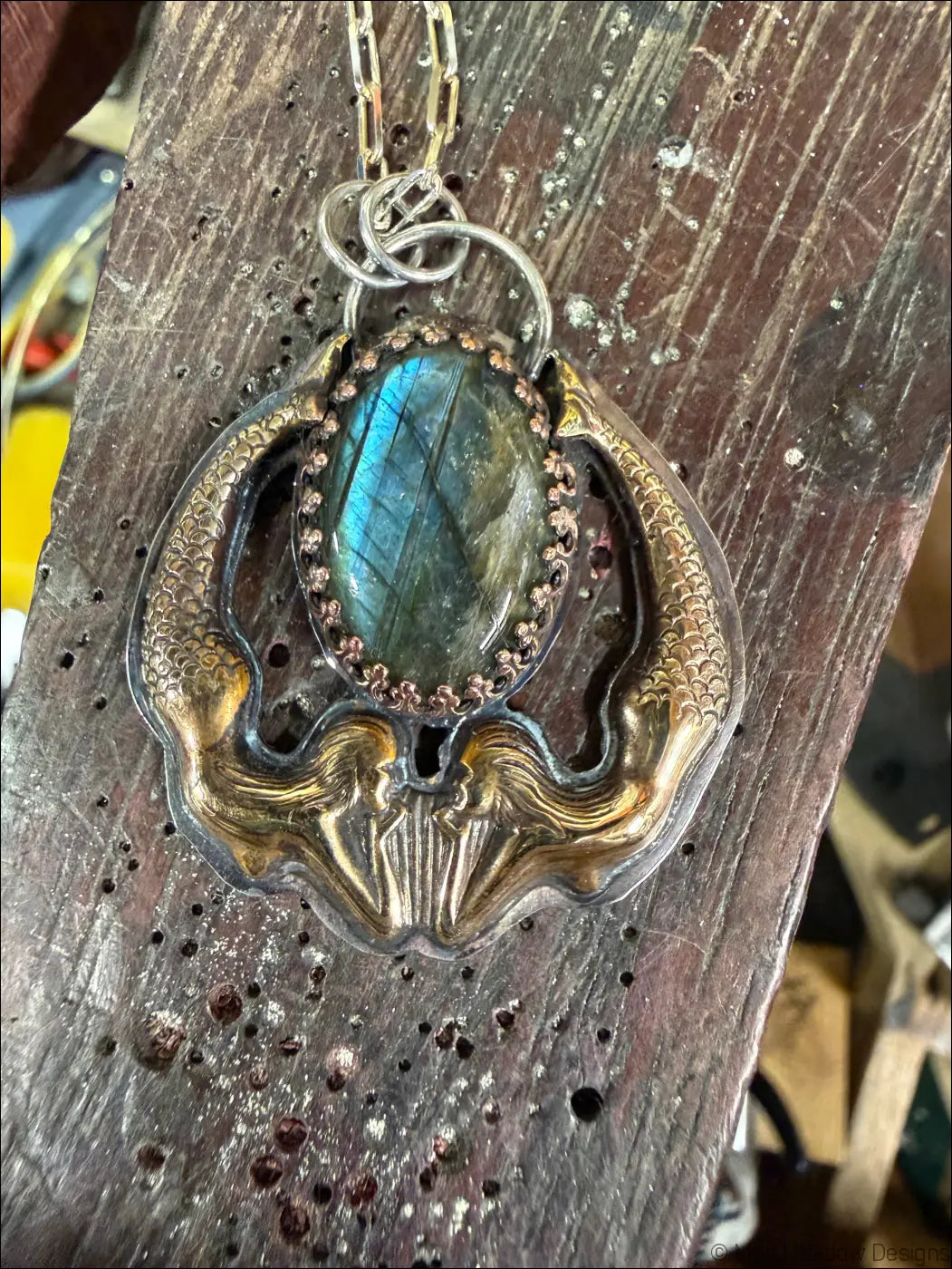 Playful Mermaids with Labradorite Necklace Sterling Brass and Copper Pendant - Necklace