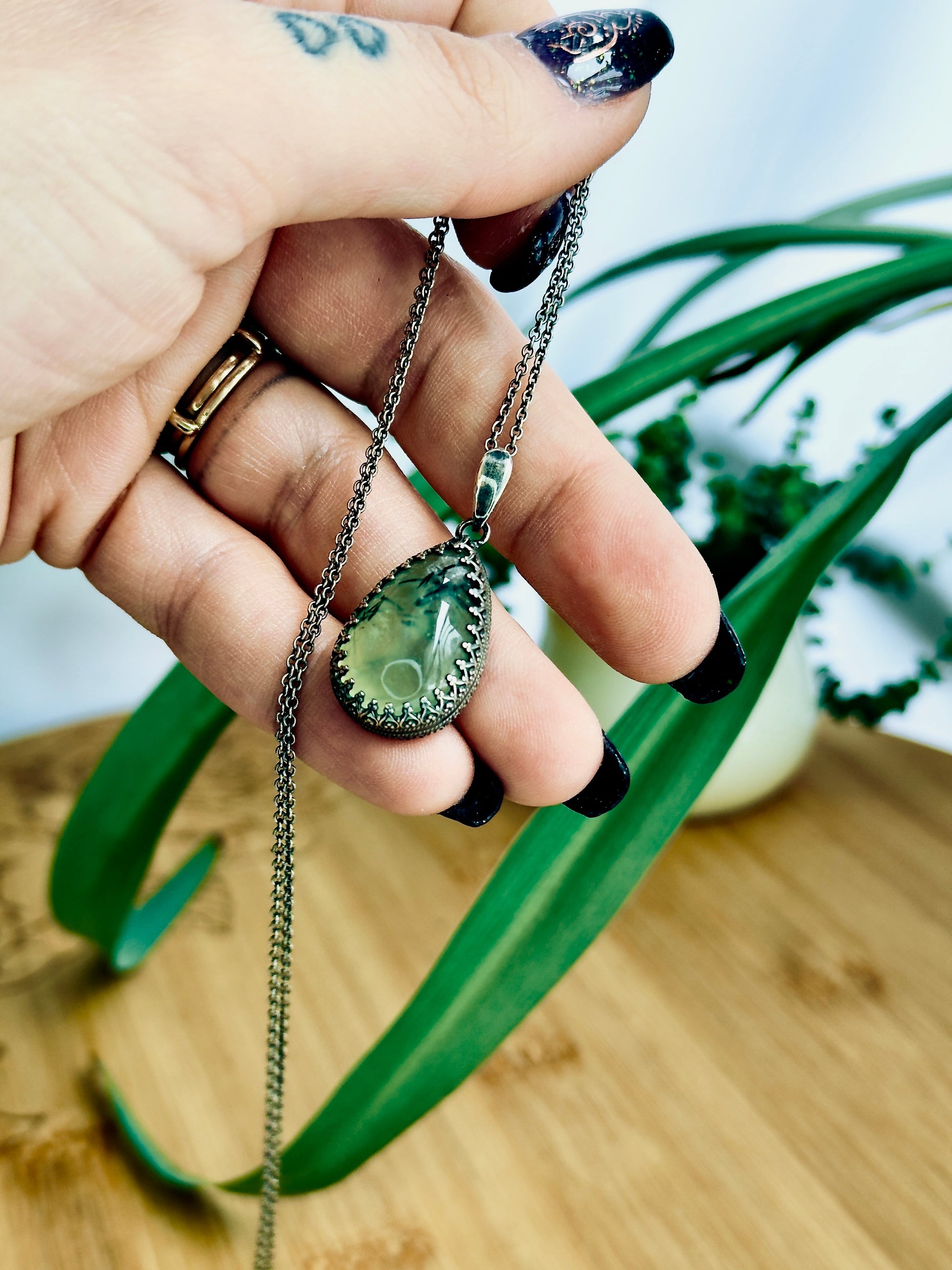 Prehnite w/ Epidote Pear Sterling Silver Gallery Wire Pendant Necklace - Jewelry