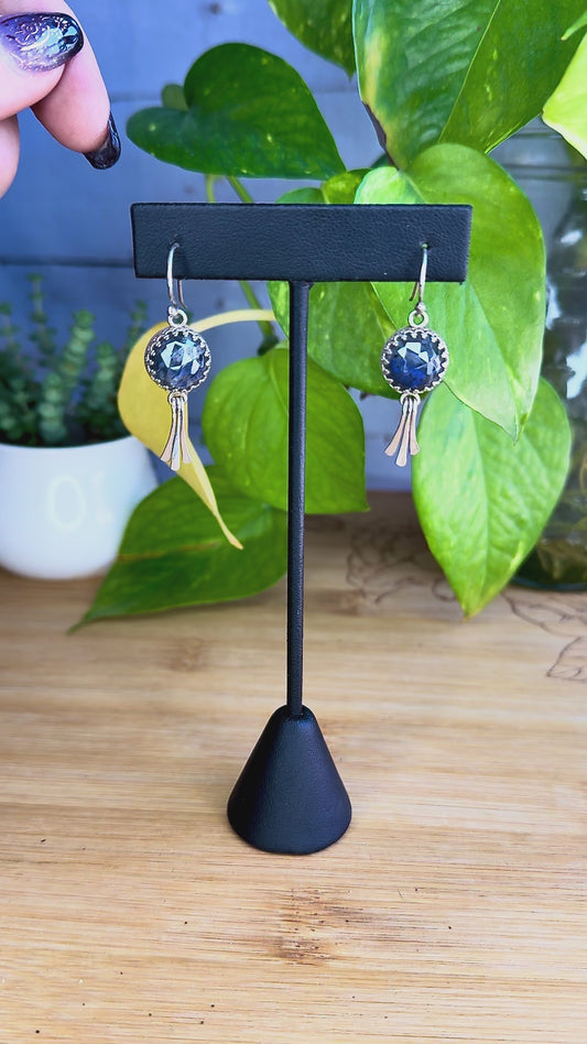 Labradorite Sterling Silver Earrings with Blue Stones and Hammered Dangle