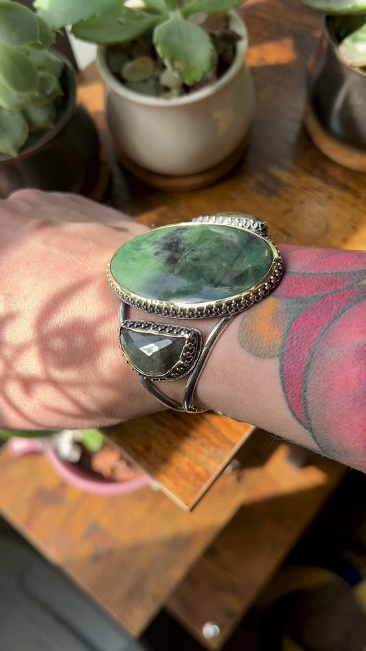 Labradorite Bold Witchy Sterling Silver Cuff Bracelet with Green Stones