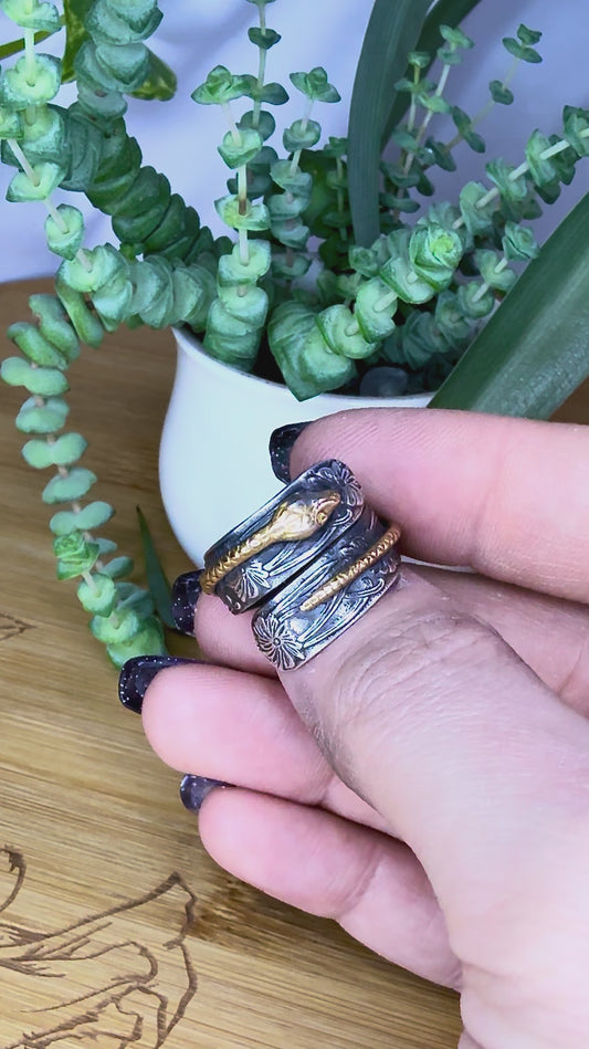 Dark Blue and Gold Brass Animal and Floral Wide Sterling Silver Wrap Ring