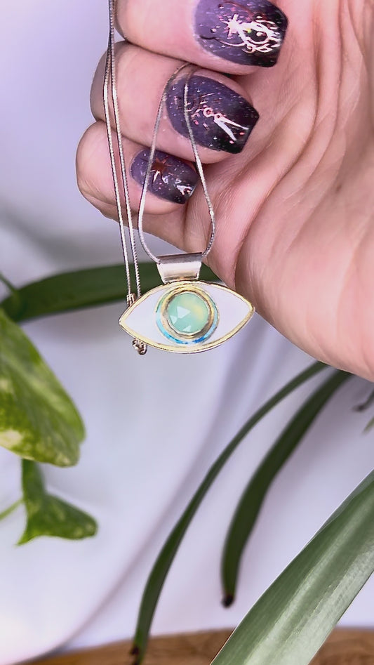 Silver Evil Eye Necklace with Aqua Chalcedony Pendant