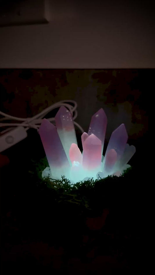 Large Resin Crystal Cluster Glow in the Dark on Mossy RGB Color Change Wooden Base