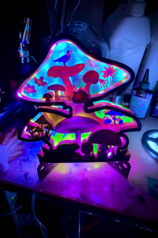 Kaleidoscopic Wonderland Mushroom Forest Ablaze Hand-Painted Laser Light Sculpture