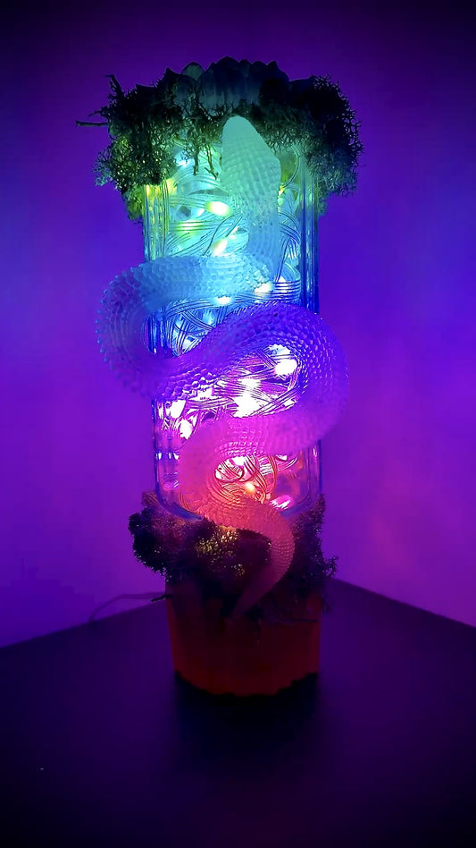 Snake & Lotus on Antique Glass Apothecary Bottle USB Light with Moss and Crystals