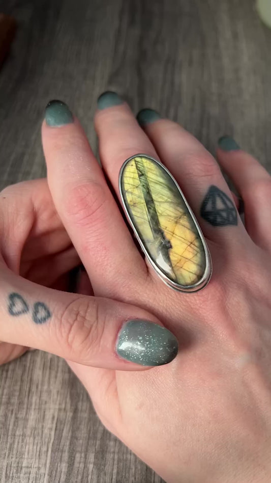 Oversized Flashy Labradorite Ring with Large 20x50 Cabochon