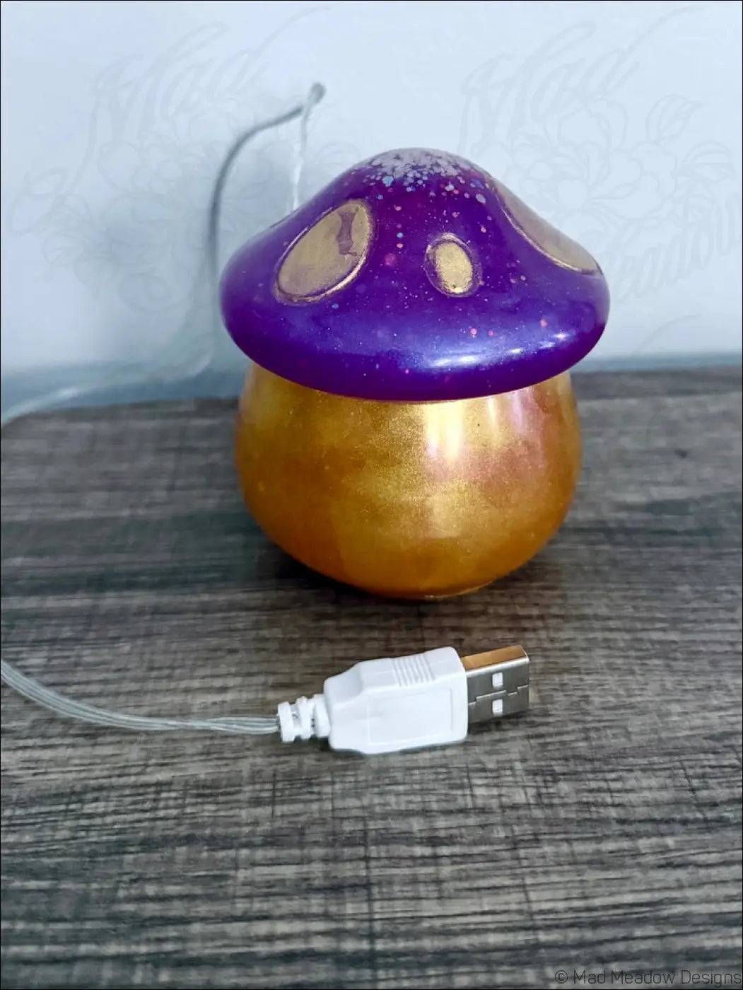 Purple and gold chubby mushroom usb light with glossy resin finish and usb-powered led lamp design