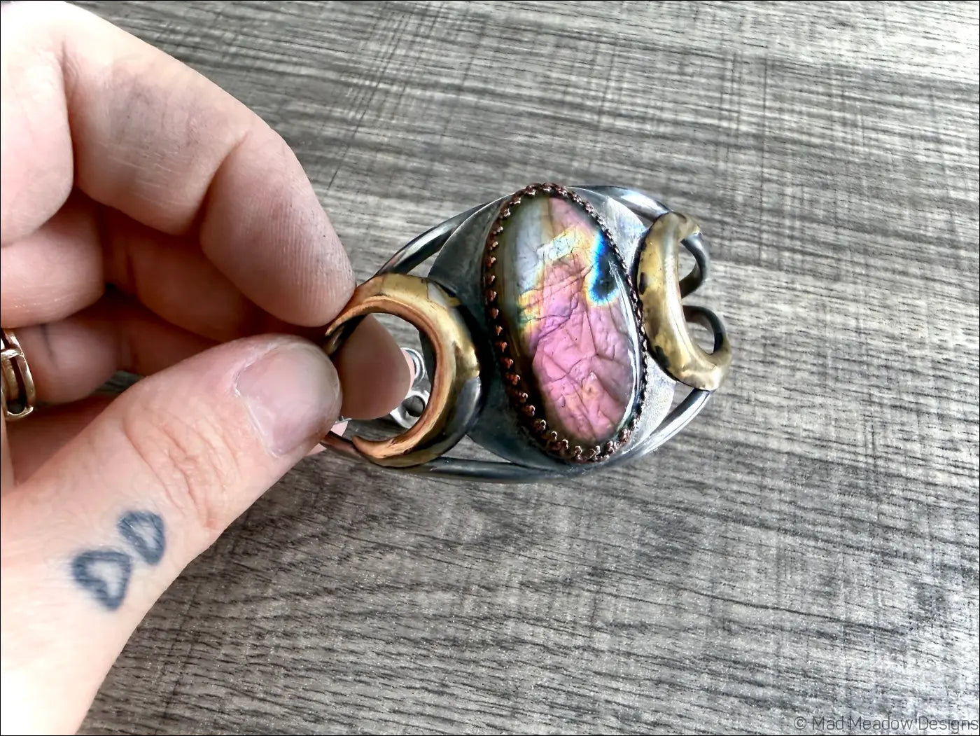 Labradorite Bold Witchy Sterling Silver Cuff Bracelet with Moons - Jewelry