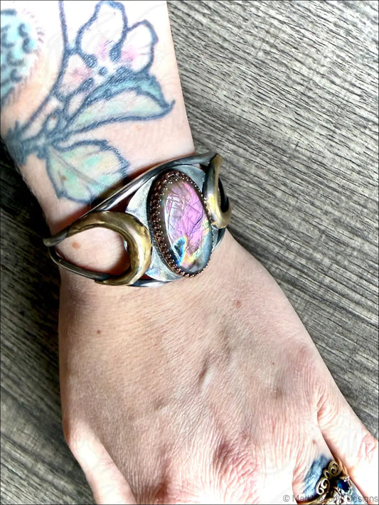 Purple Labradorite Bold Witchy Sterling Silver Cuff Bracelet with Moons - Jewelry