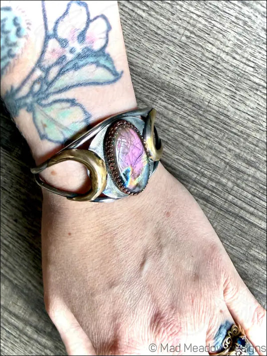 Purple Labradorite Bold Witchy Sterling Silver Cuff Bracelet with Moons - Jewelry