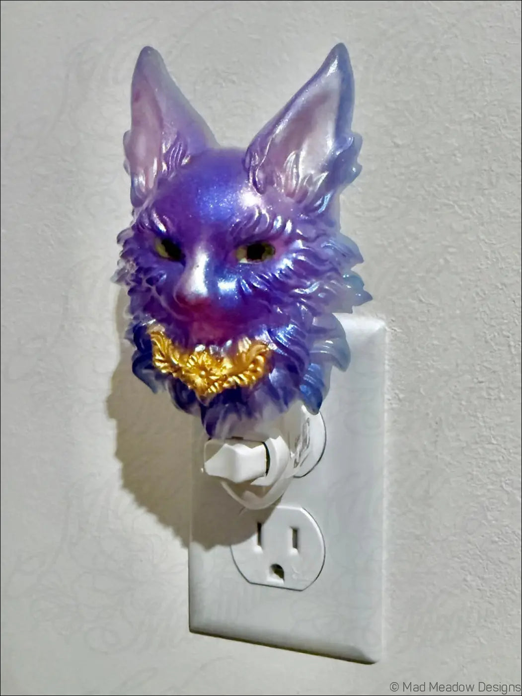 Purple maine coon resin wall night light with purple iridescent finish gold collar and warm white led to bring whimsical charm
