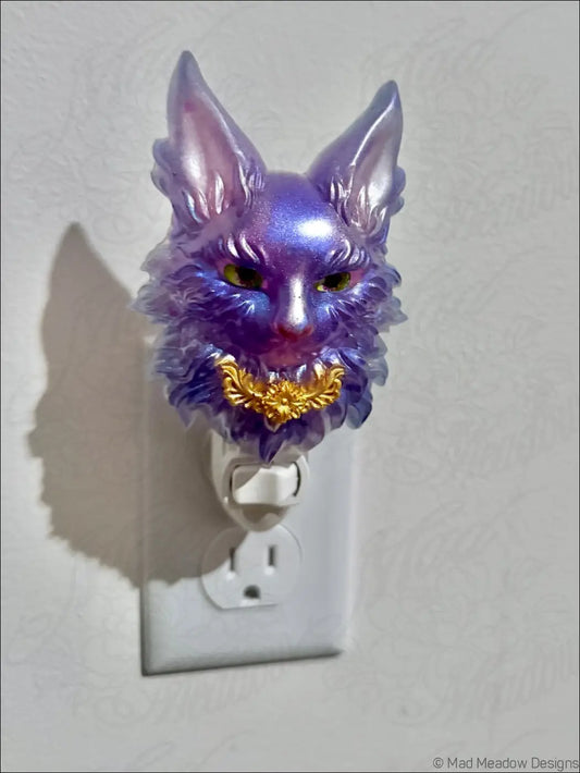 Purple maine coon resin wall night light with gold detailing and warm white led to bring whimsical charm plugged in