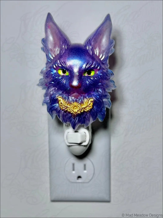 Purple maine coon translucent resin night light with glowing yellow eyes warm white led to bring whimsical charm