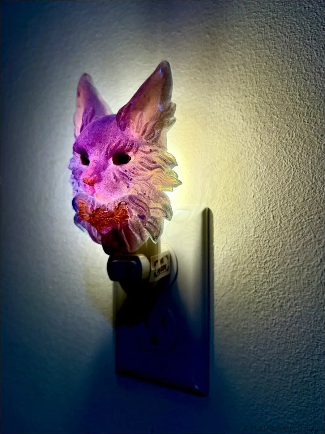 Purple maine coon resin wall night light with warm white led and glowing amber collar to bring whimsical charm