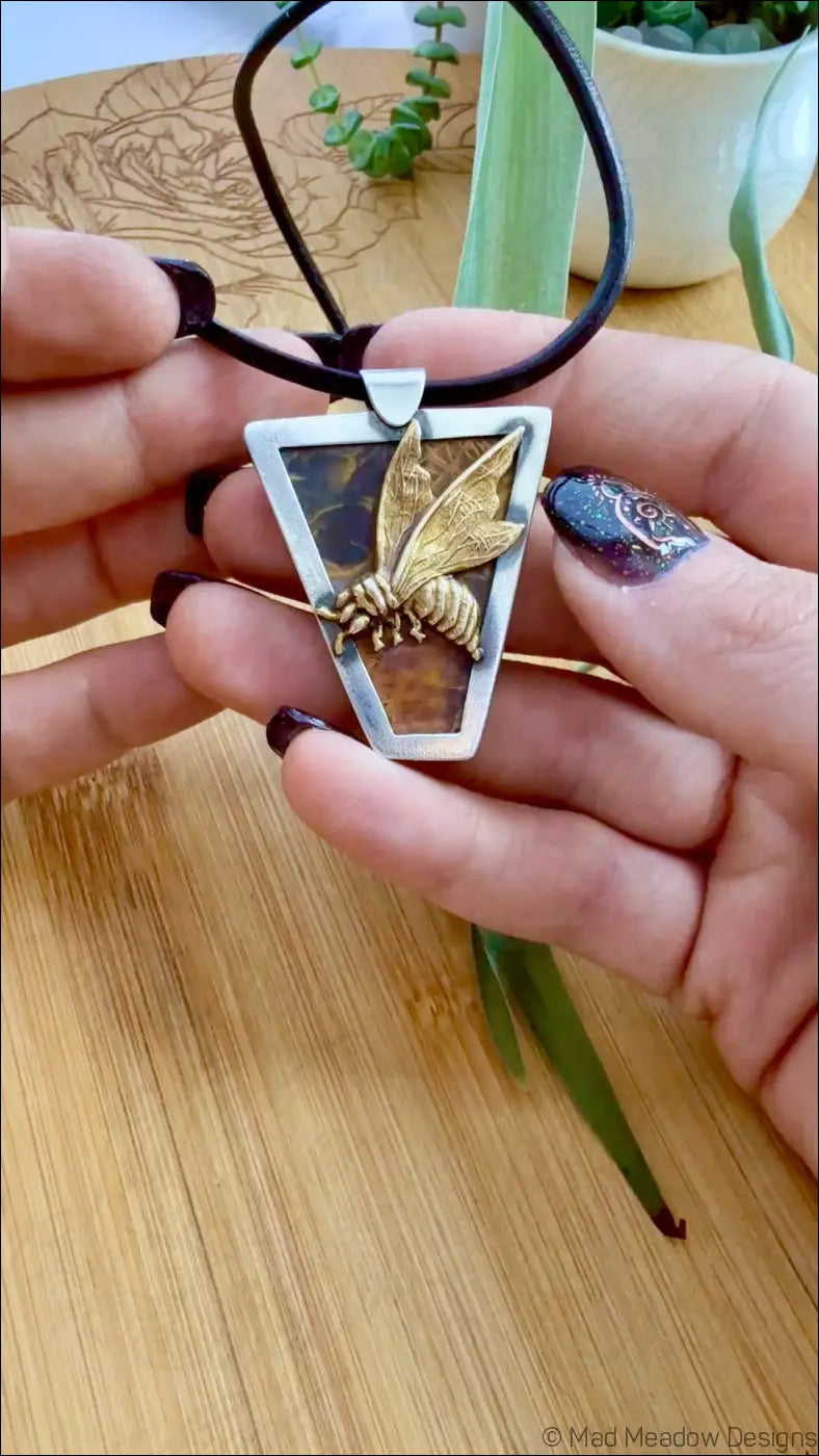 Queen Bee Sterling Silver Brass & Jasper Pendant Necklace - Jewelry