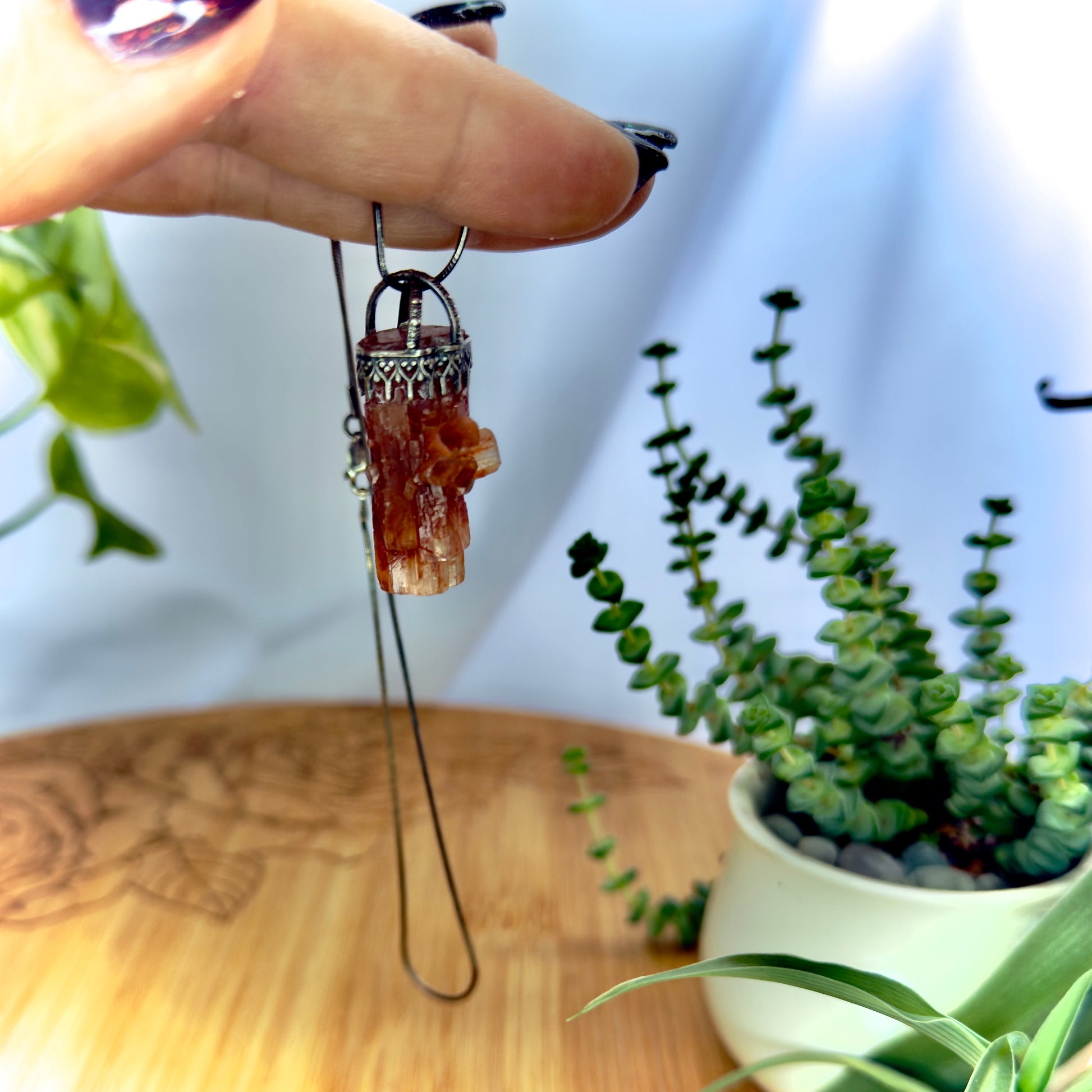 Raw Aragonite Crystal in Oxidized Sterling Silver Gallery Wire Pendant Necklace on 18’’ Snake Chain - Jewelry