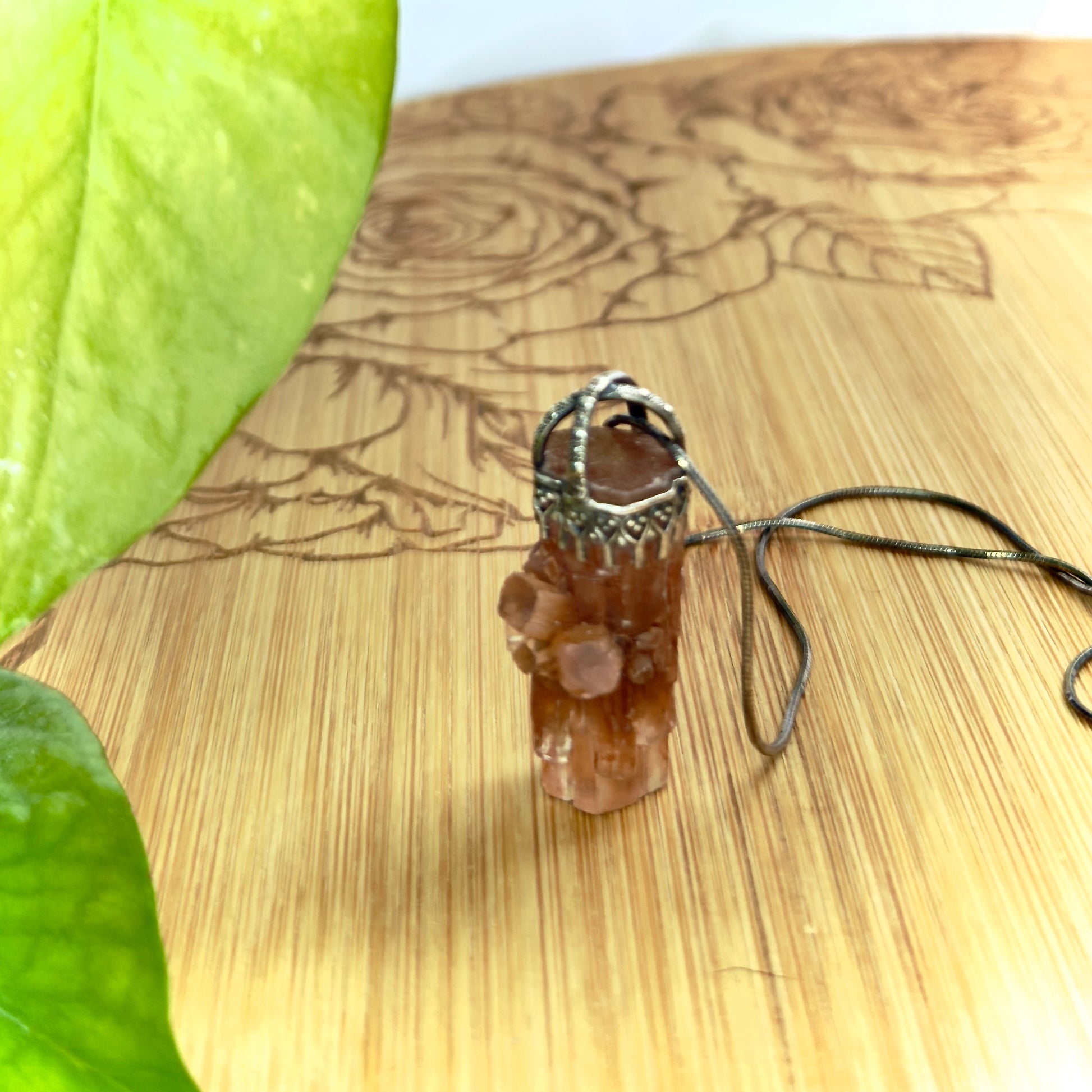 Raw Aragonite Crystal in Oxidized Sterling Silver Gallery Wire Pendant Necklace on 18’’ Snake Chain - Jewelry