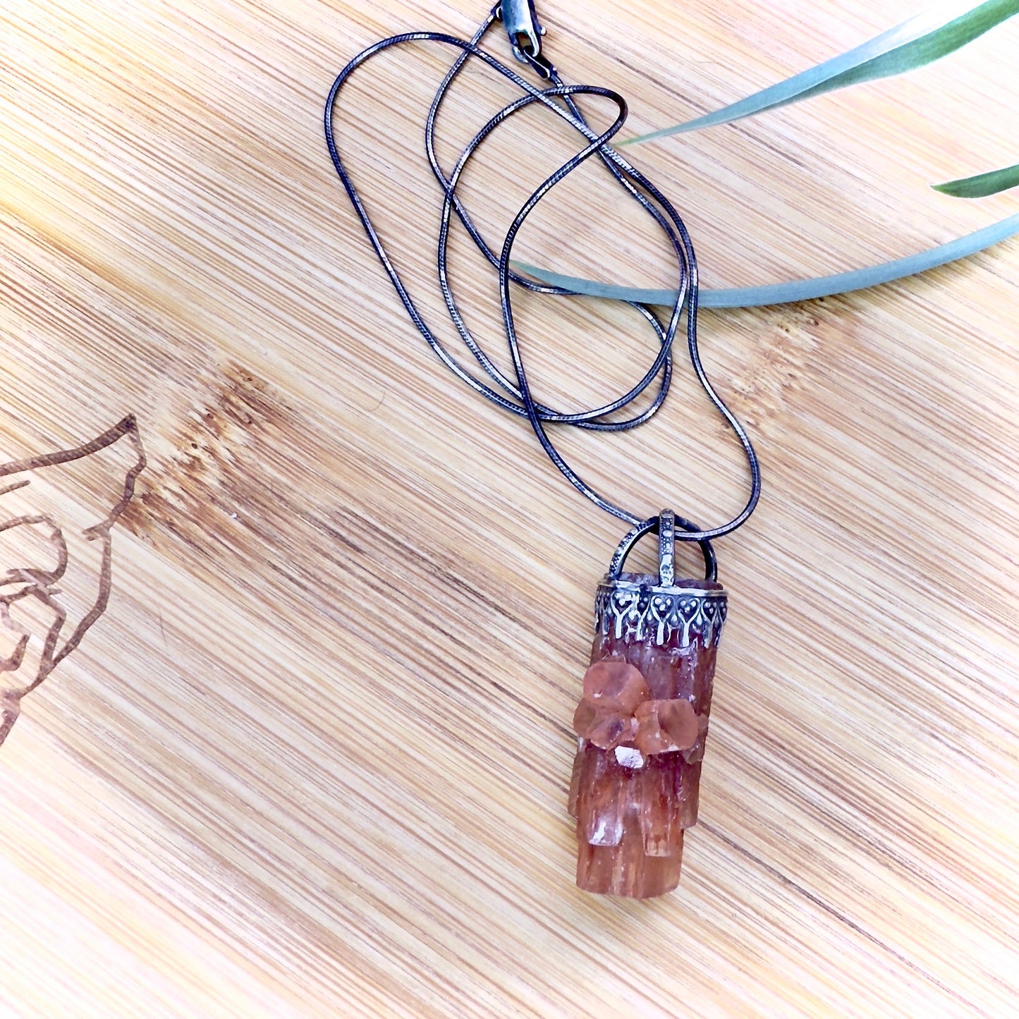 Raw Aragonite Crystal in Oxidized Sterling Silver Gallery Wire Pendant Necklace on 18’’ Snake Chain - Jewelry