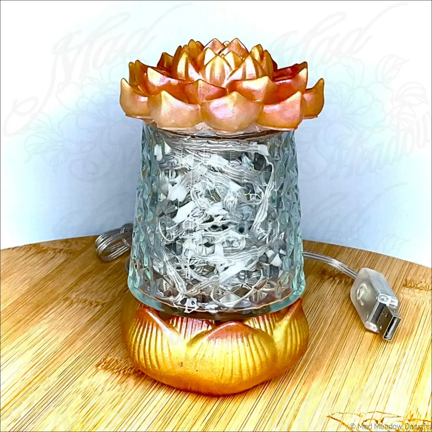Ornate amber and gold resin lotus flower lamp with textured glass body app controlled usb light