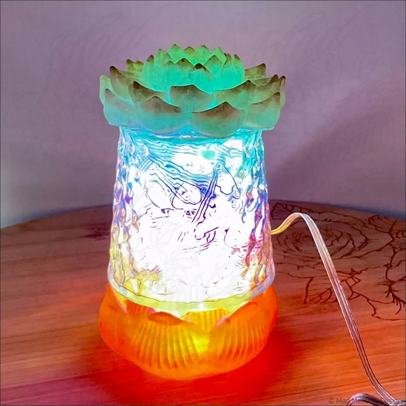Illuminated glass lotus flower lamp with translucent red pink gold resin petals and glowing base usb app controlled light