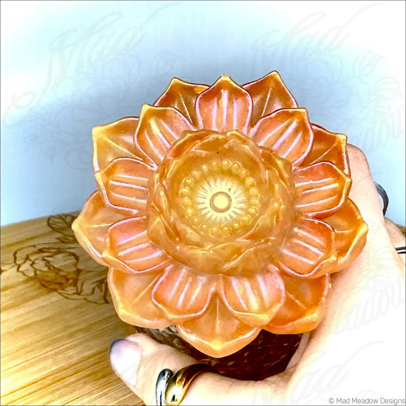 Translucent amber lotus flower ceramic sculpture with detailed petals in red pink gold resin app controlled usb light