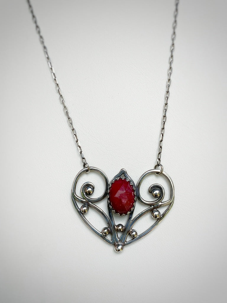 Red Ruby Sterling Silver Love Heart Pendant on 18’’ Necklace - Jewelry