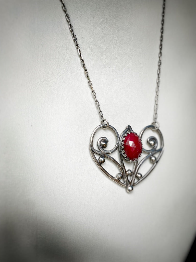 Red Ruby Sterling Silver Love Heart Pendant on 18’’ Necklace - Jewelry