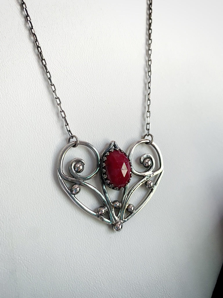 Red Ruby Sterling Silver Love Heart Pendant on 18’’ Necklace - Jewelry