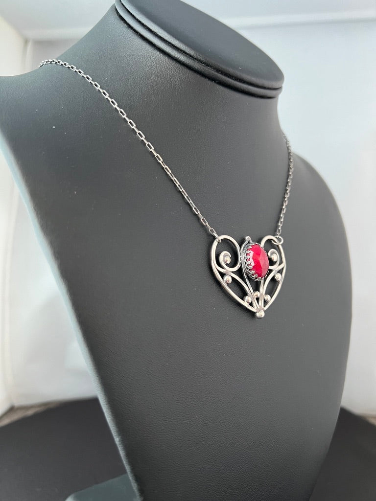 Red Ruby Sterling Silver Love Heart Pendant on 18’’ Necklace - Jewelry