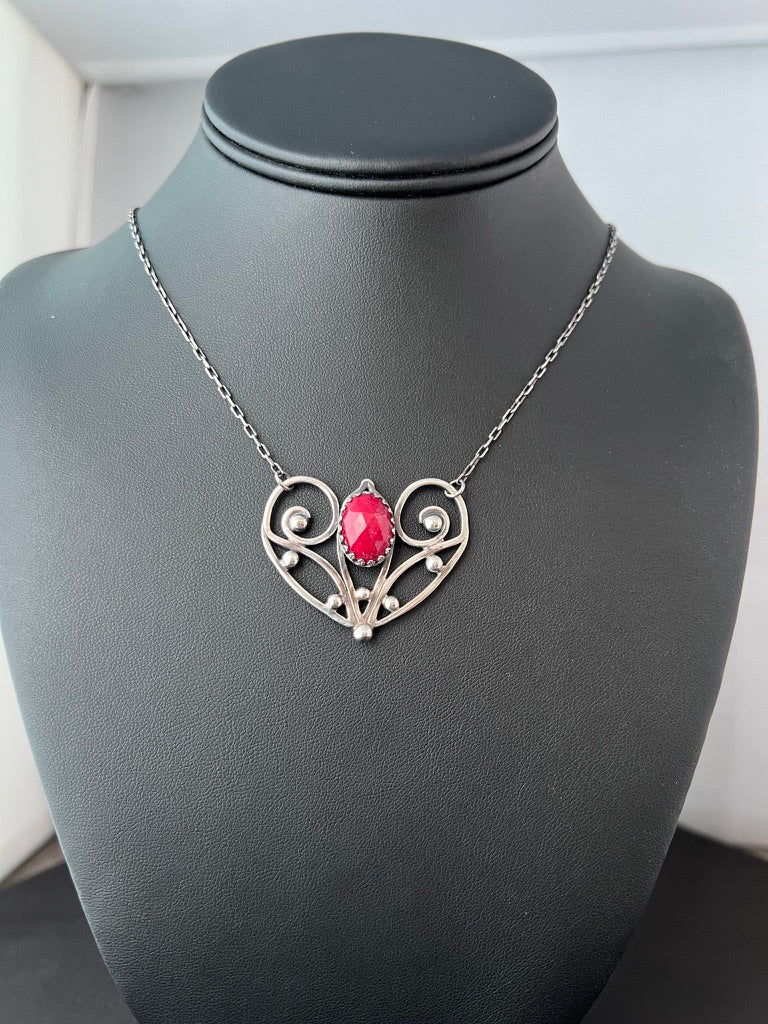 Red Ruby Sterling Silver Love Heart Pendant on 18’’ Necklace - Jewelry