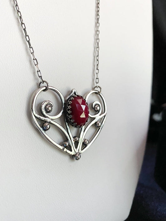 Red Ruby Sterling Silver Love Heart Pendant on 18’’ Necklace - Jewelry