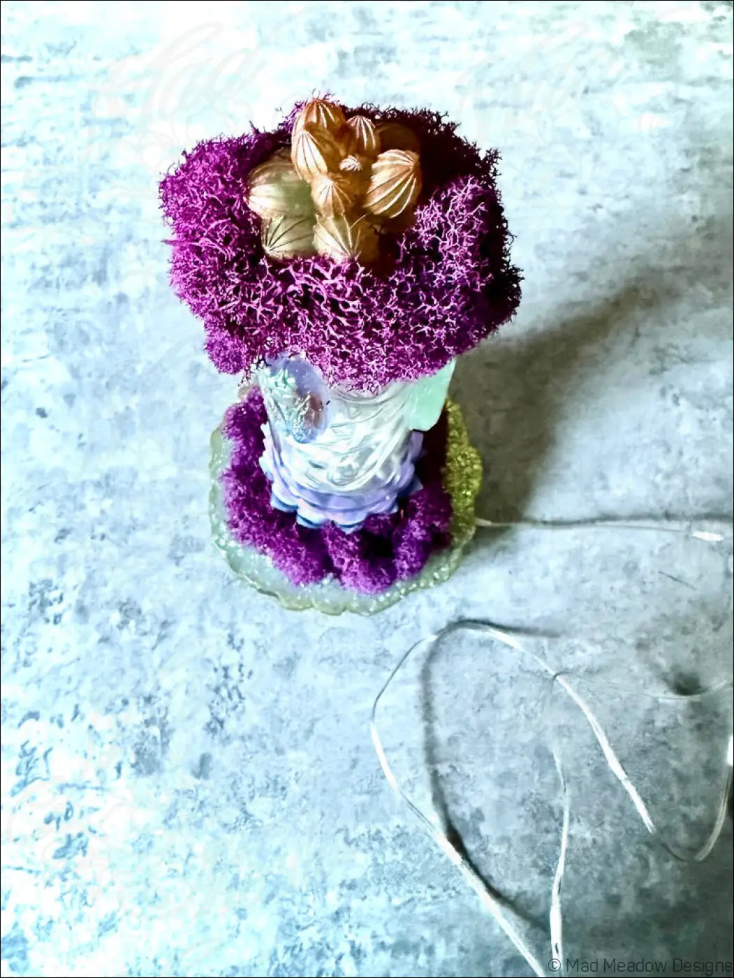 Purple mossy decorative vase with golden flower accent and layered glass base in resin cicadas white usb light bottle